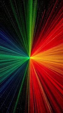Vibrant Rainbow Light Rays Bursting from Center on Dark Background.