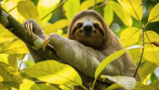 Sloth Relaxing in Tropical Tree Branches.
