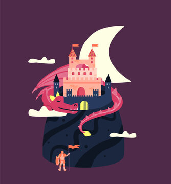 Knight Facing Dragon Guarding Castle &ndash; Fantasy Fairytale Adventure Illustration