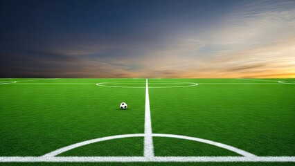 Obraz premium Soccer ball on a meticulously maintained grass field with stadium lighting and twilight sky
