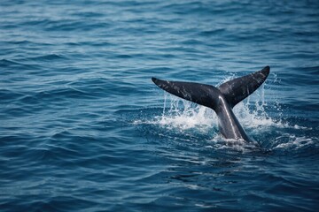 Obraz premium Whale Tail Emerging From Ocean Water During Daylight Near the Shore