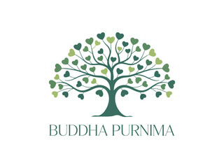 Obraz premium A logo featuring a tree with heart-shaped leaves and Buddha Purnima text
