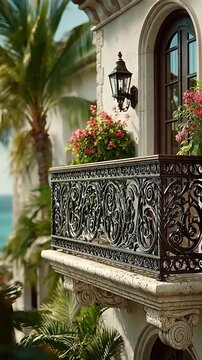 Ornate Balcony with Ocean View and Lush Greenery.
