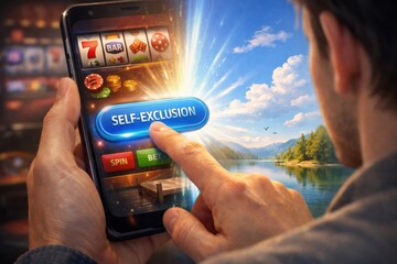 Individual Engages With Mobile App for Self-Exclusion From Gambling While by a Scenic Lake During Daylight Hours