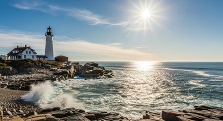 Obraz premium Lighthouse on rocky coastline at sunrise