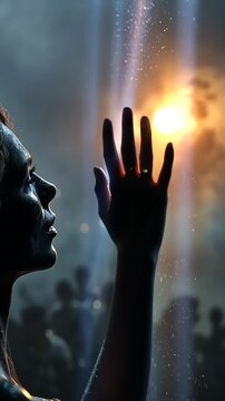 Person reaching out to a bright light in a dark, atmospheric setting, symbolizing hope and connection.