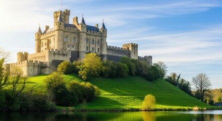 Obraz premium medieval castle on hill by lake