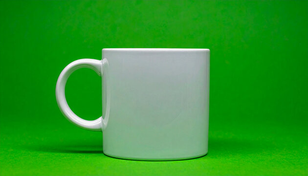 Taza blanca girando suavemente sobre expositor con fondo verde chroma key neutro, iluminaci&oacute;n uniforme y estilo hiperrealista en 4K, ideal para edici&oacute;n y composici&oacute;n.