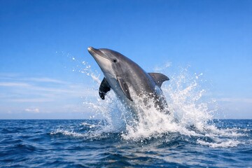 Fototapeta premium Dolphin Jumps out of the Ocean During Daylight in Clear Sky With Gentle Waves and Splashes in the Water
