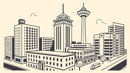 Fototapeta premium San antonio skyline tower truck, buildings, trees captured beautifully. Great for travel blogs, urban websites, texasthemed designs, and cityscape posters.