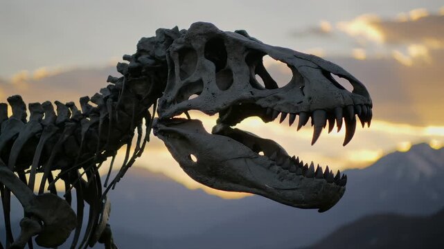 Dinosaur skeleton seen against mountain background during sunset in a natural history museum