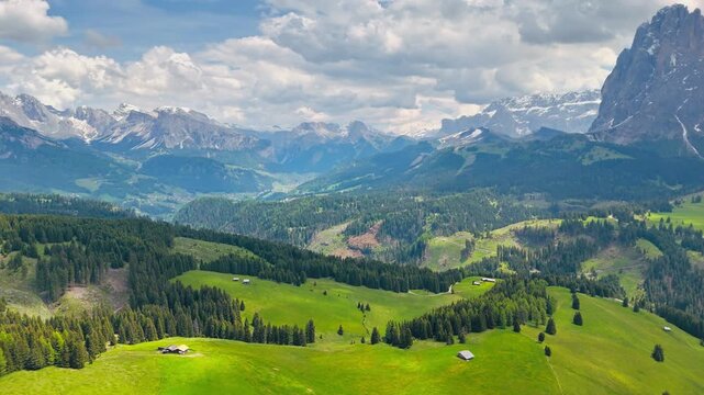 Drone shot of plateau Alpe di Siusi in the Italian Dolomites, South Tyrol