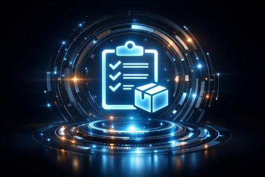 Futuristic holographic logistics concept featuring a glowing checklist clipboard and package icon within a circular digital interface, representing inventory, shipping and tracking