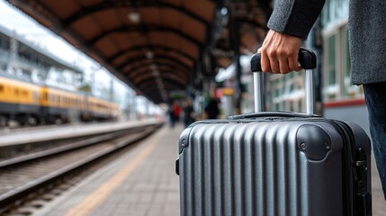 Close-up of traveler hand holding grey suitcase at train station with moving express train