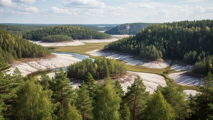 Obraz premium Aerial View of River Delta and Forest.