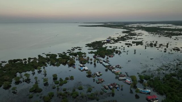 Traditional floating fishing village on Tonle Sap Lake