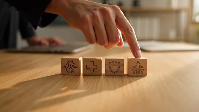 Hand selecting wooden blocks with icons representing various types of insurance on a wooden table symbolizing comprehensive protection and risk management.
