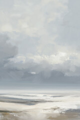 Obraz premium Abstract coastal landscape painting portraying serene ocean waves under a cloudy sky, depicting a tranquil beach scene