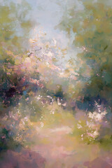 Fototapeta premium Impressionist blooming garden painting with soft pastel colors, abstract spring flowers and light creating a peaceful ethereal scene