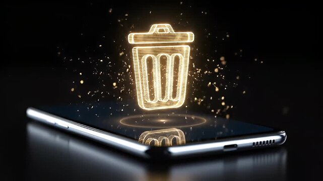 Digital Trash Can Icon Hovering Over Smartphone Screen.