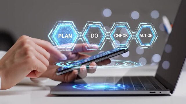 Business professional using smartphone with digital plan do check action flowchart overlay.