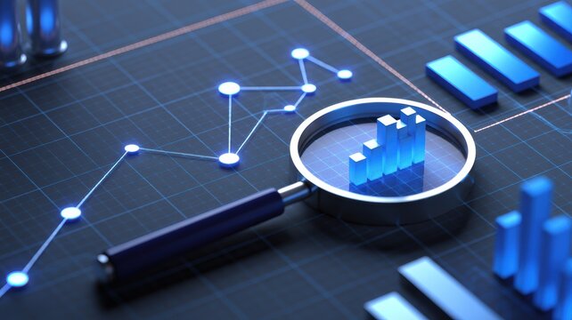 Data analysis with magnifying glass over a glowing blue bar graph and line chart on a digital grid background