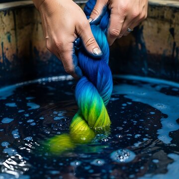 Artisan Hands Submerging Hand Spun Yarn into Vibrant Indigo Dye Vat