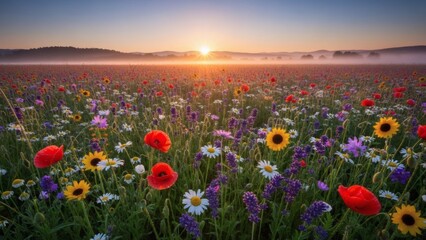 Fototapeta premium Vibrant Wildflowers in Field at Sunrise.