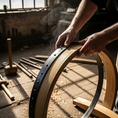 Obraz premium Cooper's Hands Positioning Steam-Bent Oak Stave on Barrel in Workshop