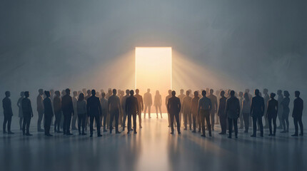 Silhouetted Crowd Facing Open Door of Light Symbolizing Opportunity, Leadership and Collective Future.