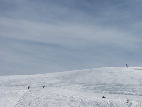 Tracks on a fresh snow covered ski slope