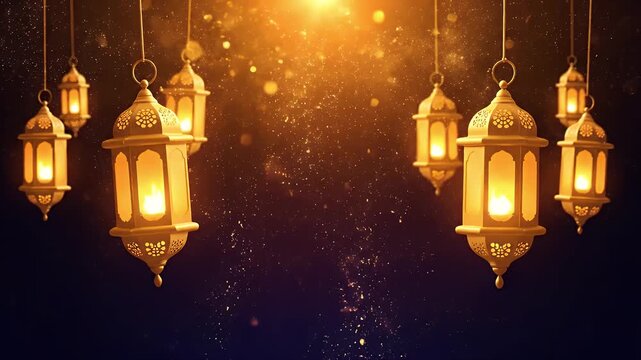 4K Background Eid Al Adha Mubarak and Traditional Lanterns Ramadan Islamic Particle Lighting Animation. Eid or islamic new year. Fireworks moon Ramadan Kareem message. Eid Mubarak muslim eid ramdan
