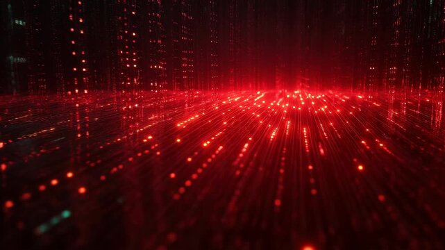 Abstract animation of red glowing data particles and fiber optic lines moving in a digital space. High-speed network and big data concept.