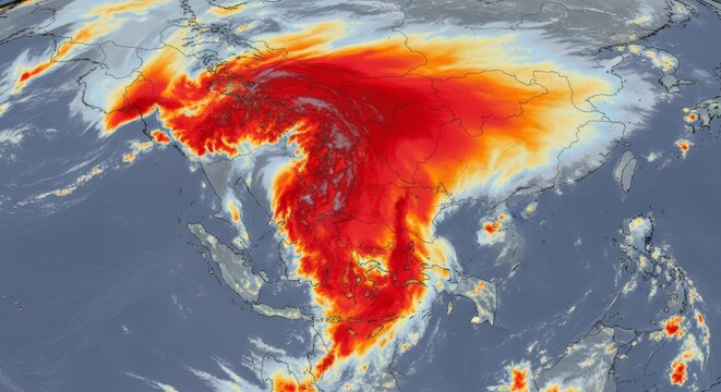 A digital weather map showing an intense high-pressure system causing extreme heat, represented by red and orange areas over a landmass, visualization, Heatwave, digital