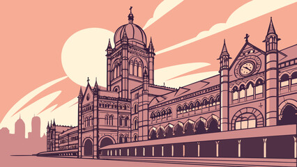 Obraz premium Mumbai skyline frames iconic chhatrapati shivaji maharaj terminus in vibrant india. Suitable for travel brochures, city guides, and cultural websites.