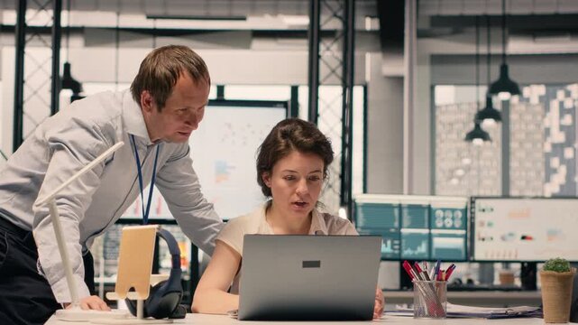 Corporate teamwork, professionals analyzing charts, KPI metrics. Modern office environment, productivity for project planning, decision making, multinational company, business intel.