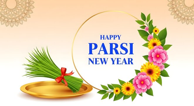 Parsi new year celebration with traditional sabzi grass on golden plate and floral wreath inside circle with happy text festive greeting concept