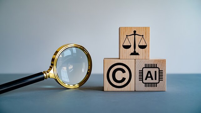 Wooden blocks with copyright and artificial intelligence symbols next to magnifying glass on blue surface  legal tech concept
