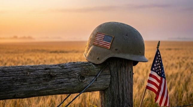 A patriotic scene with a military helmet and a small flag on a wooden fence against a scenic background. This evocative image is a tribute to honor and memory.