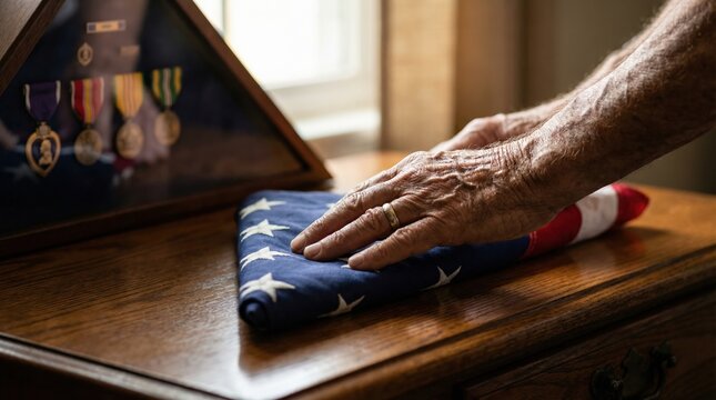 A solemn moment of respect and remembrance as a veteran folds an American flag, with medals in the background.