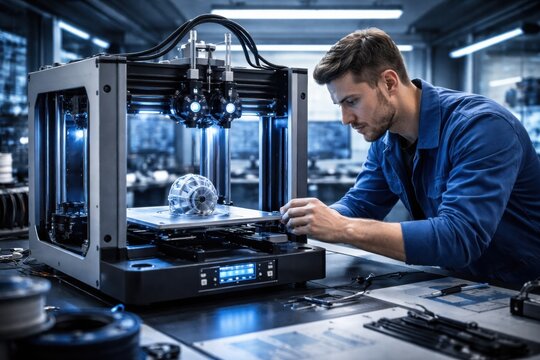Man Working With 3D Printer in Workshop Setting During Daylight Hours With Focus on Model Design and Production Process