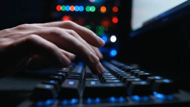 Person typing on keyboard during online scam attack at night with blue keyboard lights