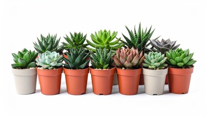 Obraz premium Collection of Miniature Succulent Plants in Pots on White Background.