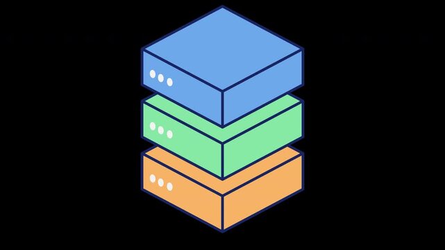 Data Server Stack Animation. Animated server stack icon symbolizing cloud infrastructure, database management and scalable computing systems. Transparent Background with Alpha Channel