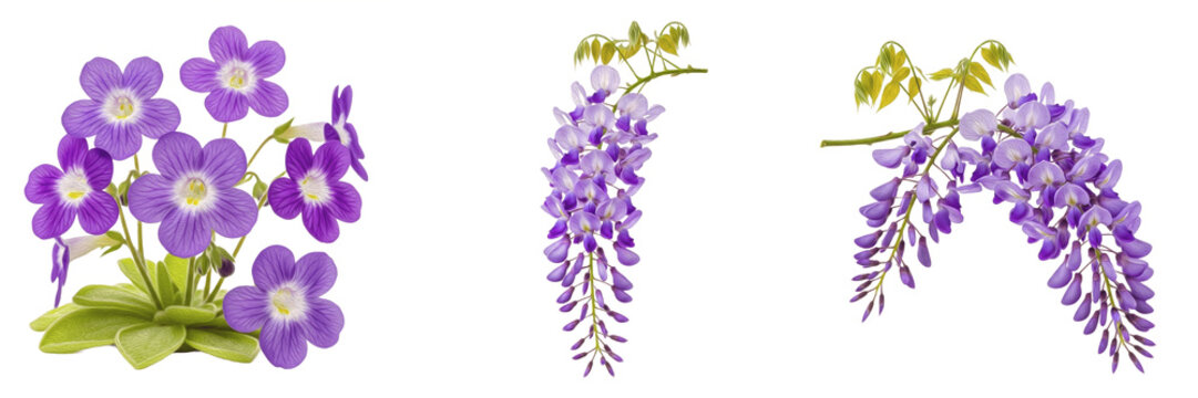 Set of beautiful purple flowers including Wisteria and African Violets, isolated on white background, spring floral elements for botanical design and wedding invitations.