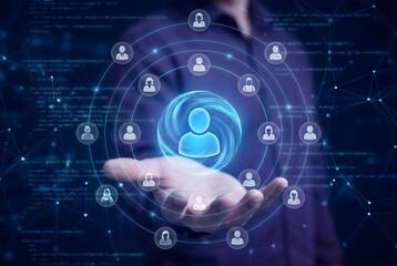 Fototapeta premium Human Resource Management and Digital Network Connection Concept with Virtual Team Interface and Leadership Icon