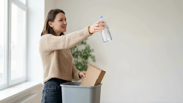 Woman cleans and organizes a bright home interior with sustainable products and plants during the day