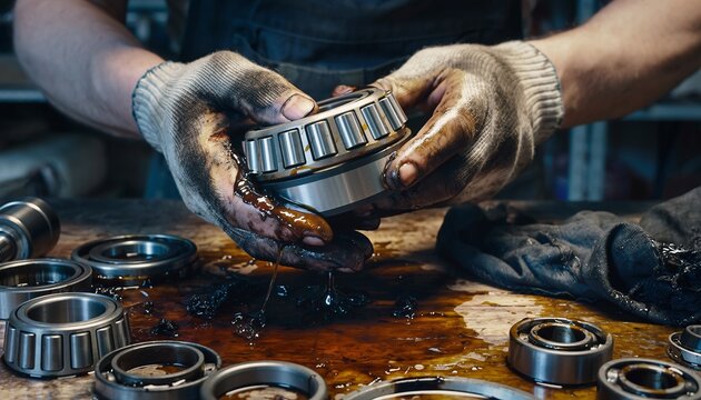 A mechanic's dirty hands in gloves holding a greasy tapered roller bearing, with other bearings and oil on a workbench.