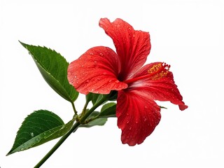 Red hibiscus flower on stem with wet green leaves isolated on white background