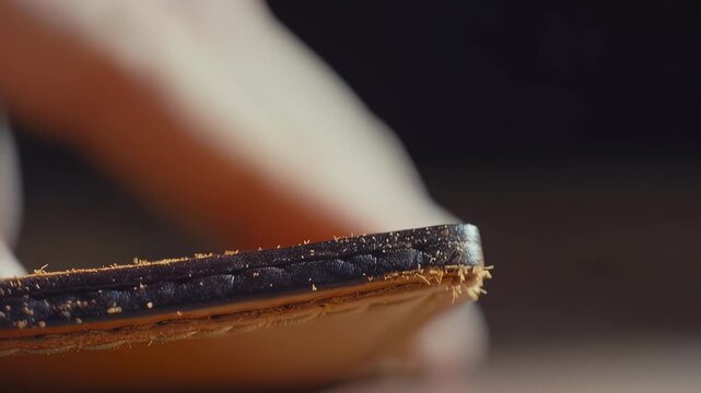 Close-up of a hand using a tool to shape and refine the edge of a leather piece, showcasing the detailed craftsmanship in a well-lit workspace